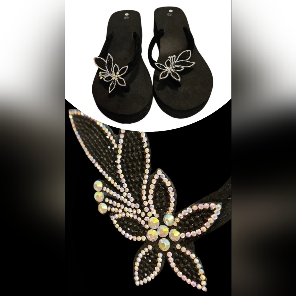 Shein Black Sandals with Rhinestone Flower Size 9 - 42 EU
